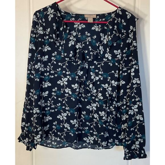 LOFT Tops - Loft Navy Floral Ruffle Panels on Neck Collar & Cuffs Blouse Petite M